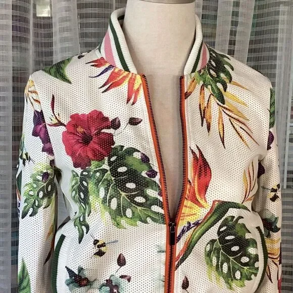 Bagatelle Womens Faux Leather Floral Print Full Zip Bomber Jacket Sz XS